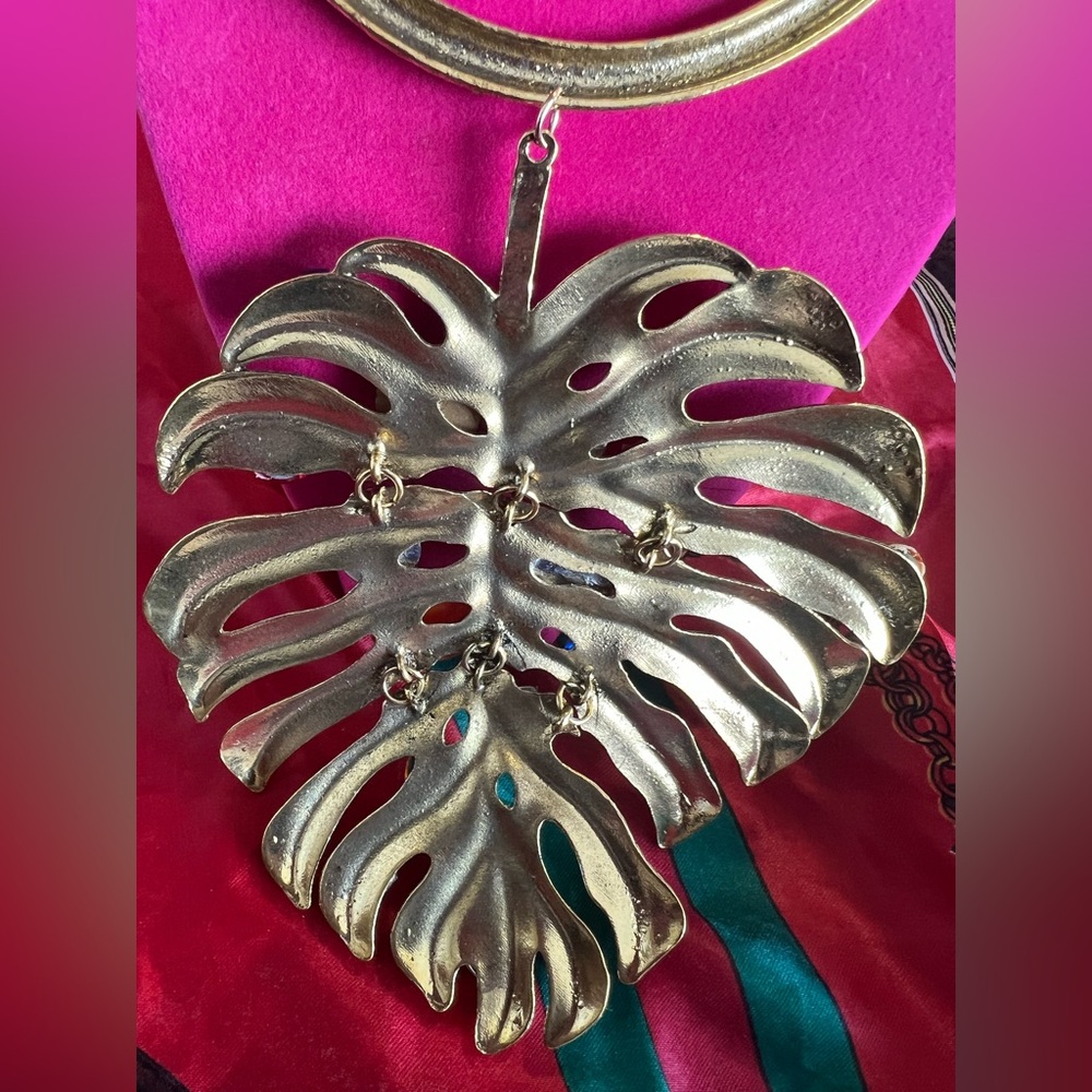 Monstera Leaf Necklace Bejeweled, up-cycled, 1 of kind-Gemstones hand placed - Picture 7 of 9